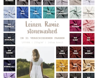 Leinen Meterware stonewashed - Ramie Leinen uni gewaschen - washed Leinengewebe, 100% Ramiestoff, farbiges Leinen - 31 Farben *50cm x 140cm*