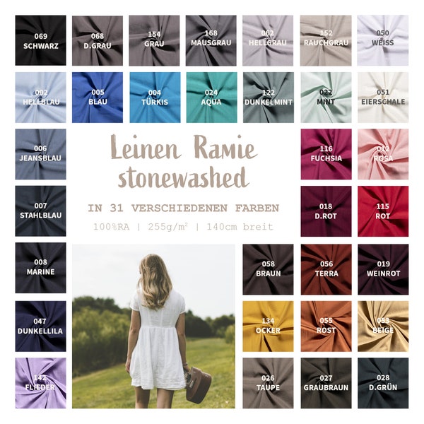 Leinen Meterware stonewashed - Ramie Leinen uni gewaschen - washed Leinengewebe, 100% Ramiestoff, farbiges Leinen - 31 Farben *50cm x 140cm*