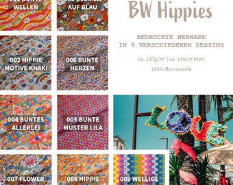 Baumwollstoff Meterware Hippies - Popeline Flower Power - Baumwolldruck Webware bunt - Baumwolle bedruckt Blumen Muster 60er *Ab 50 cm