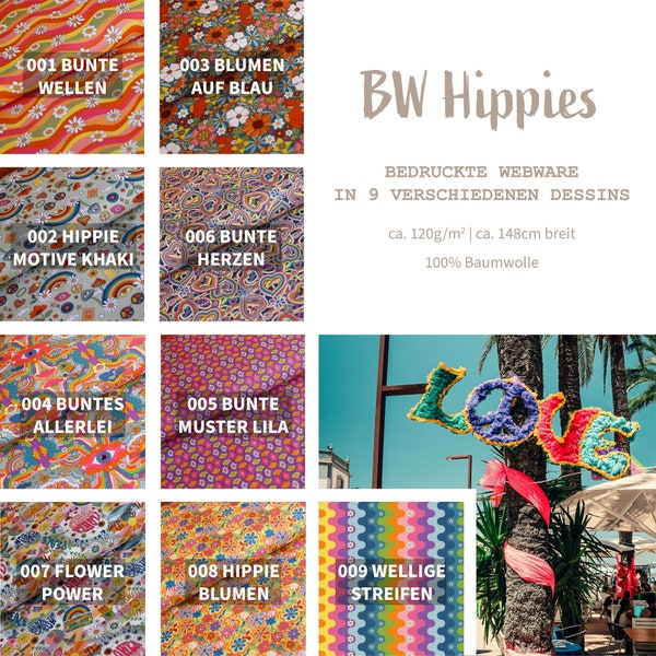 Baumwollstoff Meterware Hippies - Popeline Flower Power - Baumwolldruck Webware bunt - Baumwolle bedruckt Blumen Muster 60er *Ab 50 cm