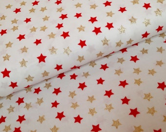 Cotton decorative fabric printed stars red/white/gold by the meter - winter fabric stars, Christmas fabric gold foil, printed cotton - 25 cm