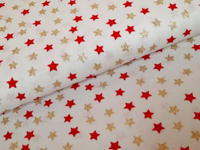 Cotton decorative fabric printed stars red/white/gold by the meter winter fabric stars, Christmas fabric gold foil, printed cotton 25 cm image 1