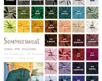 Summer sweat fabric by the meter - plain French terry fabric - heavy cotton jersey, jersey hoodie fabric, lightweight sweat fabric, thin sweat *From 50 cm