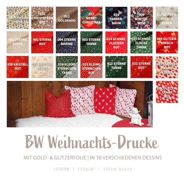 Weihnachtsstoffe - Baumwolle Meterware bedruckt - Baumwollstoffe - Dekostoffe Weihnachten - Winterstoffe, Adventsstoffe, Stern - 25 x 150 cm