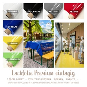 Könnte beinhalten: Rollen aus glänzendem Vinyl in Weiß, Schwarz, Grau, Rot, Blau, Gelb und Grün. Das Bild zeigt auch eine blaue Tischdecke auf einem Picknicktisch und einen gelben Boden in einem Geschäft. Der Text auf dem Bild lautet "Lackfolie Premium einlagig".