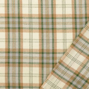 May include: Cream-colored plaid fabric with a repeating pattern of tan, green, and gray lines. The fabric is folded over, revealing the pattern on both sides. The fabric is suitable for sewing projects.