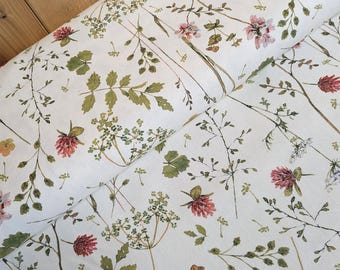 Tela decorativa por metro hierbas - algodón estampado - half-panamá hojas blancas - tela otomana ramas - tela para decoración del hogar *Desde 50 cm