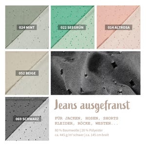 Peut inclure: Échantillons de tissu en menthe, vert d'eau, rose clair, beige et noir, avec des petits trous et des codes couleurs. Un gros plan de denim déchiré est également présenté. Le texte indique "Jeans ausgefranst" et des détails sur la composition du tissu.