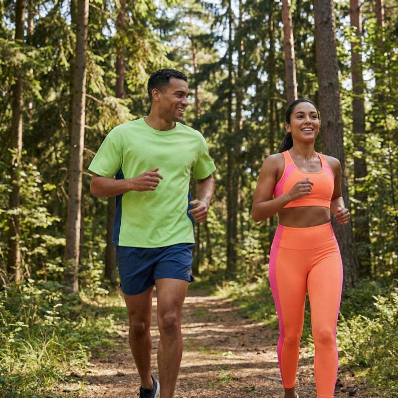 Pu&ograve; includere: Due persone corrono su un sentiero boschivo. Una persona indossa una maglietta verde lime con pannelli laterali blu navy e pantaloncini blu navy. L'altra persona indossa un reggiseno sportivo rosa e arancione e leggings arancioni.