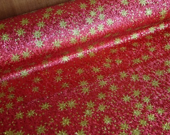 Glittering decorative fabric metallic - stars gold on red - fabric by the meter, winter fabric, Christmas fabric - gold stars with glitter *from 50 cm