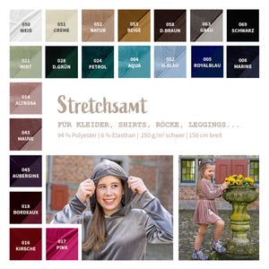 Op de afbeelding: Kleurenstalen van stoffen in diverse tinten, waaronder wit, beige, groen en paars. De afbeelding toont ook een vrouw in een grijze hoodie en een jong meisje in een roze jurk.