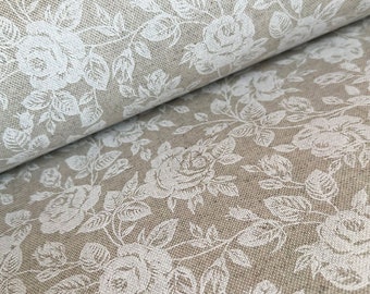 Aspect lin enduit roses blanches - tissu nappe - fleurs semi-panama - déperlant - enduit téflon - tissu poche *A partir de 50 cm