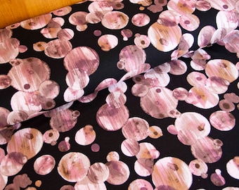 Viscose jersey printed black with pink planets - fabric stretchable by the meter, jersey circles, stretch fabric adults, moon, dots *from 50 cm