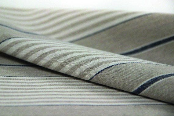 Baumwoll-Polyester-Druck Streifen Natur-blau-weiß - Stoff Meterware Dekostoff *** 50 cm x 140cm ***