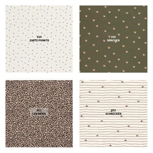 May include: Four fabric swatches with different patterns. Top left: white with small brown dots and the text "029 ZARTE PUNKTE". Top right: olive green with small brown bear shapes and the text "030 B&Auml;RCHEN". Bottom left: leopard print with the text "031 LEO BEIGE". Bottom right: white with brown stripes and dots, and the text "032 SCHNECKEN".