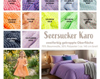 Seersucker fabric by the meter, checkered - crepe fabric, printed check - cotton blend, relief texture, Vichy check, gingham, non-iron *from 50 cm