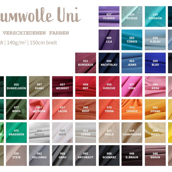 Baumwolle Meterware uni - Baumwollstoff einfarbig - Popeline - Fahnentuch - Cretonne *** 50 cm x 148 cm ***  Öko-Tex - 48 Farben - Webware