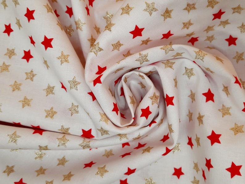 Cotton decorative fabric printed stars red/white/gold by the meter winter fabric stars, Christmas fabric gold foil, printed cotton 25 cm image 3