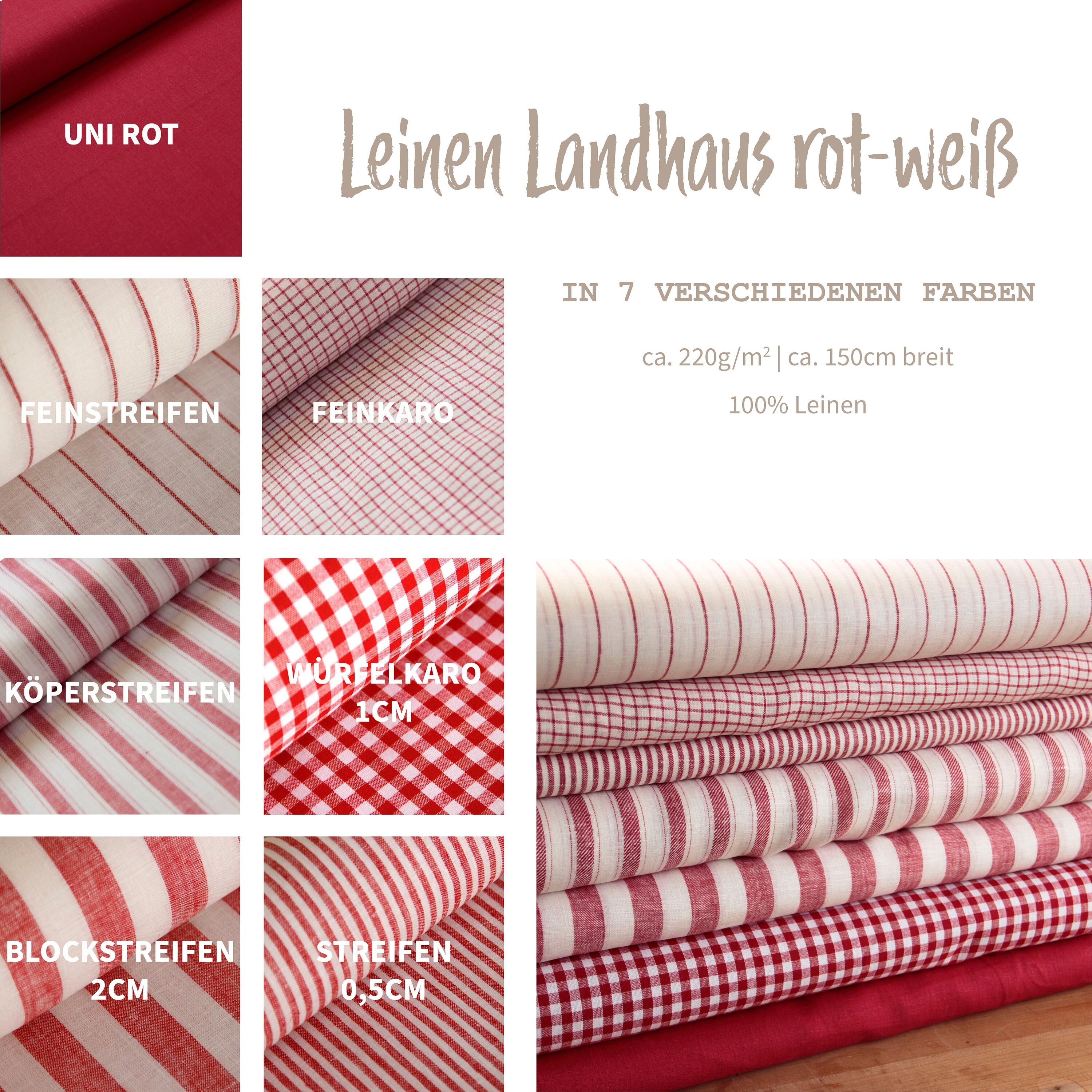 Leinen Meterware rot/weiß - Leinenstoffe bedruckt - Landhausstil - gestreift/Karo/gemustert - 100 % Leinen - Naturstoff - 50 cm x 150 cm