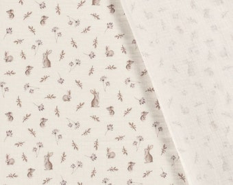 Muslin printed rabbits & branches - crepe fabric by the meter - double gauze bunnies - crepe fabric for babies floral, cotton muslin cloth *from 25 cm