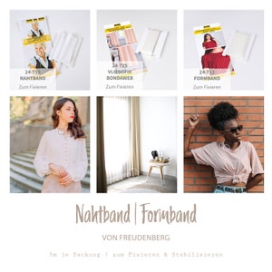 Może przedstawiać: Trzy rolki białej taśmy tekstylnej do szycia i rękodzieła. Rolki są oznaczone "Nahtband" (taśma do szycia), "Vliesofix Bondaweave" (flizelina) i "Formband" (taśma formująca). Tekst "Zum Fixieren" (do mocowania) pojawia się pod każdą etykietą. Tekst "5m je Packung | zum Fixieren & Stabilisieren" (5 metrów na opakowanie | do mocowania i stabilizacji) pojawia się na dole obrazu.