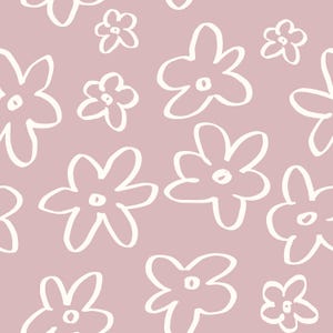 May include: A seamless pattern of white flowers on a light pink background. The flowers are simple and stylized, with five petals each.