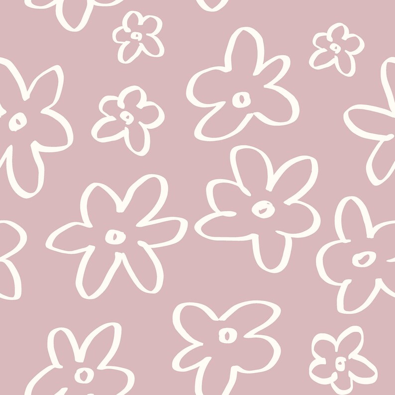 May include: A seamless pattern of white flowers on a light pink background. The flowers are simple and stylized, with five petals each.
