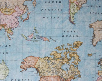 Decoratieve stof per meter wereldkaart - katoenmix Atlas - katoen/polyester - stof voor huisdecoratie/tafelkleed/gordijn *** 50 cm x 140 cm***