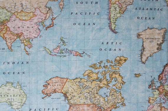 Dekostoff Meterware Weltkarte - Baumwollgemisch Atlas - Baumwolle/Polyester - Stoff für Homedeko/Tischdecke/Vorhang  *** 50 cm x 140 cm***
