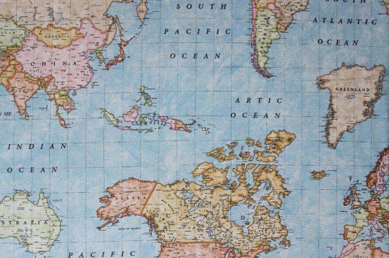 Decorative fabric by the meter world map - cotton blend Atlas - cotton/polyester - fabric for home decoration/tablecloth/curtain *** 50 cm x 140 cm*** image 1