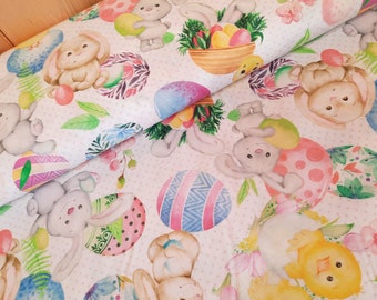 Cotton print Easter bunnies GOTS certified, cotton sold by the meter printed Easter eggs, cotton fabrics bunnies, decorative fabric eggs Easter *From 25 cm