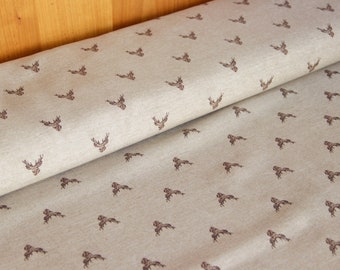 Dekostoff Meterware Hirsch Leinenlook, Baumwolle natur, beige, Rehe, Geweih, Weihnachtsstoff, Landhausstoff, Hirschkopf, Heimtextil *ab 50cm