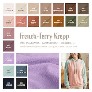 Op de afbeelding: Een kleurenpalet van stofstalen in verschillende tinten, waaronder beige, bruin, roze en groen. De afbeelding toont ook een close-up van een getextureerde lavendelstof en een tweekleurige hoodie. Tekst luidt "French-Terry Krepp" en stofdetails.