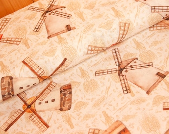 Tissu déco au mètre moulins à vent - tissu coton mélangé imprimé cuisine, tissu ottoman grain beige, nappe blé, tissu pour rideaux*A partir de 50 cm
