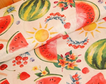 Decorative fabric by the meter watermelon - cotton blend fabric printed fruits - ottoman fabric melons, summer tablecloth, sew curtain *From 50 cm