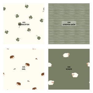 May include: Four fabric swatches with different patterns. Top left: off-white background with green clovers and the text "033 KLEEB&Auml;TTER". Top right: green and white horizontal stripes with the text "034 STREIFEN GR&Uuml;N". Bottom left: off-white background with brown hedgehogs and the text "035 IGEL". Bottom right: olive green background with white sheep and the text "036 SCHAFE".