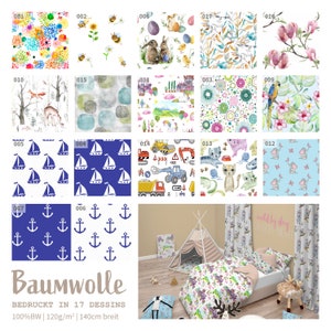 May include: A collection of 17 different fabric designs for bedding, featuring various themes like animals, boats, anchors, and construction vehicles. The fabric is 100% cotton, 120 grams per square meter, and 140 centimeters wide.