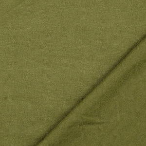 May include: Close-up of olive green fabric with a textured weave. The fabric is folded diagonally, creating shadows and highlighting the texture. The color is a muted, earthy tone, suitable for apparel or home decor.