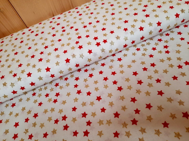 Cotton decorative fabric printed stars red/white/gold by the meter winter fabric stars, Christmas fabric gold foil, printed cotton 25 cm image 2