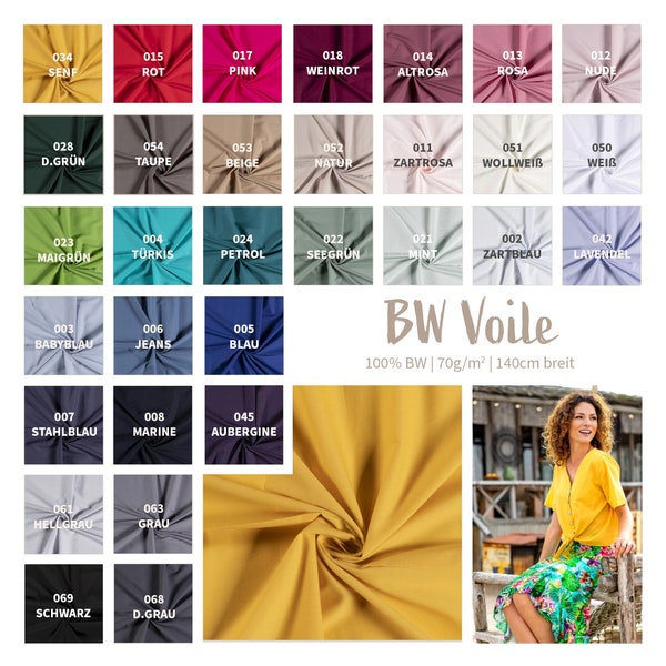 BW Voile Meterware - Baumwollvoile uni - fließender Blusenstoff, luftiger Sommerstoff, leichte Baumwolle - Ökotex 100 Babytauglich *Ab 50 cm