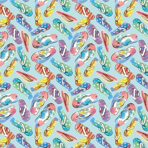 Katoenen jersey teenslippers met digitale print - rekbare stof, verkocht per meter, blauwe badschoenen - jersey stretch kledingstof met print, kleurrijk *Vanaf 50 cm