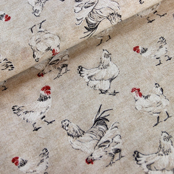 Tissu décoratif au mètre poulailler - tissu en coton mélangé imprimé poulet, poule, coq - tissu ottoman cuisine, décoration de la maison - tissus printaniers * à partir de 50 cm