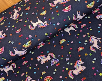 Cotton jersey digital print unicorns blue - Jersey fabric sold by the meter printed marine rainbow - Jersey Öko Tex 100 navy *From 50 cm