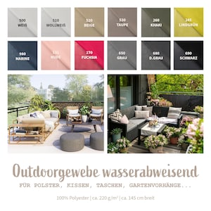 Könnte beinhalten: Das Bild zeigt eine Auswahl an Outdoor-Stoffen in verschiedenen Farben, darunter Weiß, Beige, Taupe, Khaki und Grün. Es zeigt auch Gartenmöbel wie Sofas, Stühle und Hocker, die auf einer Terrasse angeordnet sind. Der Text lautet "Outdoorgewebe wasserabweisend."