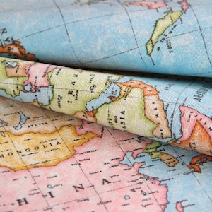 Decoratiestof per meter wereldkaart - katoenmix atlas - katoen/polyester - stof voor huisdecoratie/tafelkleed/gordijn *** 50 cm x 140 cm***