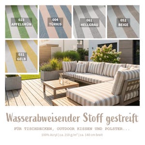 Könnte beinhalten: Outdoor-Ecksofa mit gestreiften beige-weißen Kissen. Das Bild zeigt auch Stoffmuster in verschiedenen Farben, darunter Grün, Blau, Grau und Gelb. Der Text lautet "Wasserabweisender Stoff gestreift."