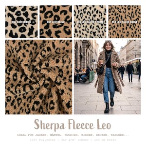 Könnte beinhalten: Sherpa-Fleece-Stoff mit Leopardenmuster in vier Farbvarianten, beschriftet als 051 Leo Creme, 054 Leo Beige, 151 Leo Klein Creme und 454 Leo Klein Beige. Das Material besteht aus 100% Polyester, 340 g/m2 und ist 150 cm breit.