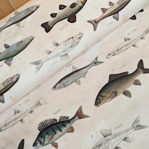 Tissu décoratif au mètre poissons - coton imprimé - demi panama blanc animaux - tissu ottoman créatures marines - tissu pour décoration maison maritime *A partir de 50 cm