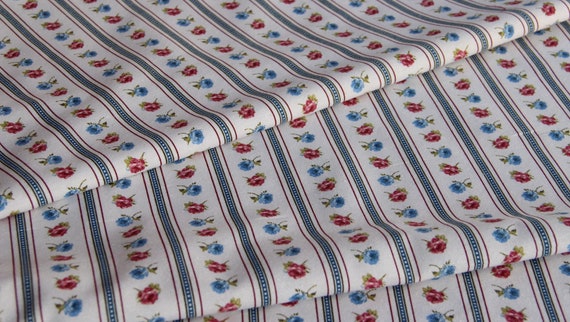 Dekostoff Baumwolle Blumen Rot-Blau mit Streifen Stoff Meterware