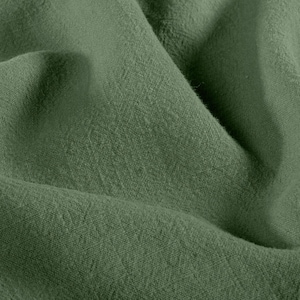 May include: Close-up of olive green fabric with a textured, woven appearance. The fabric is folded, creating shadows and highlighting the material's subtle variations in color and texture. The overall effect is soft and natural.